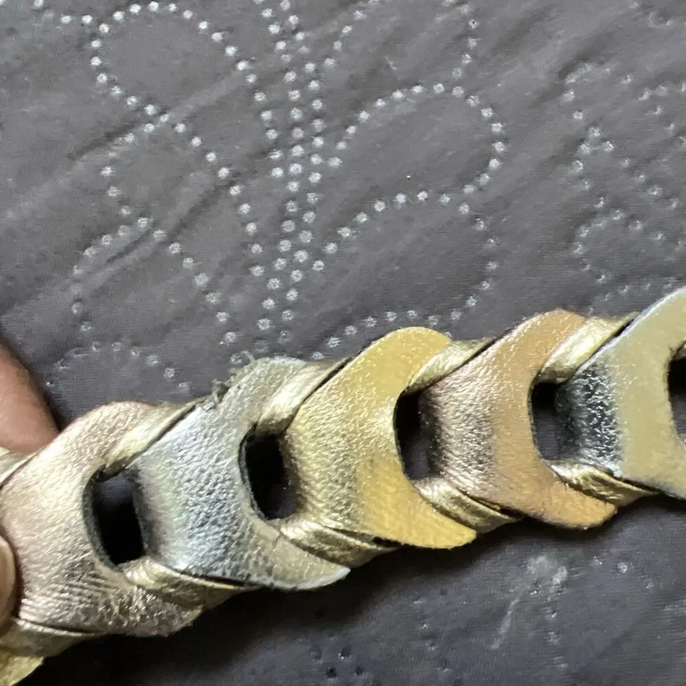 Vintage 70's Belt Adjustable Leather Metallic Glam Wrap Chain Gold Bronze Cream